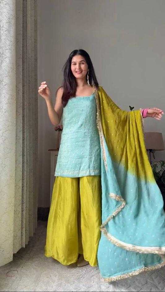 Luxury Chinon Silk Suit Set with Sequin Detailing and Thread Embroidery
