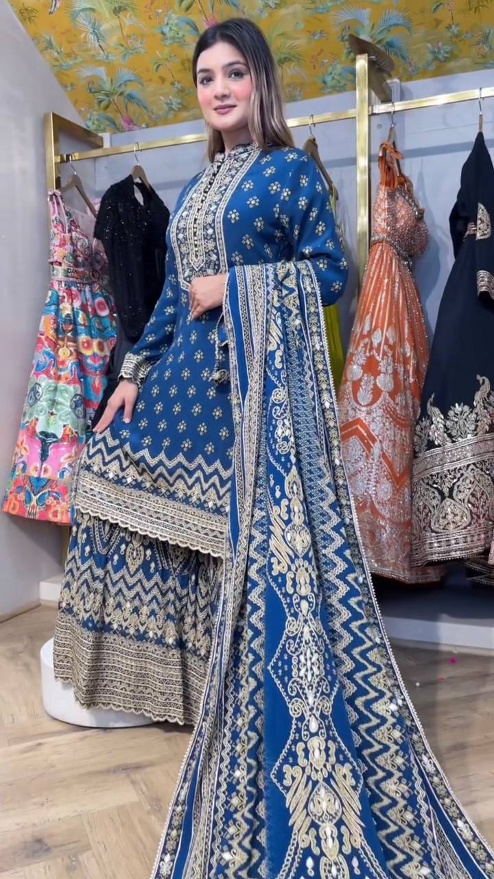 Chinon Designer Wear Sharara Set with Mirror and Digital Print Options