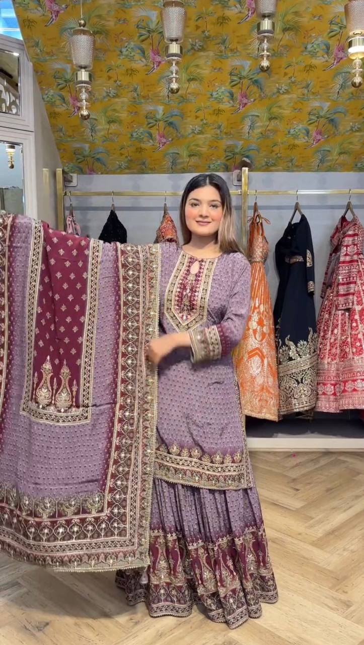 Chinon Designer Wear Sharara Set with Mirror and Digital Print Options