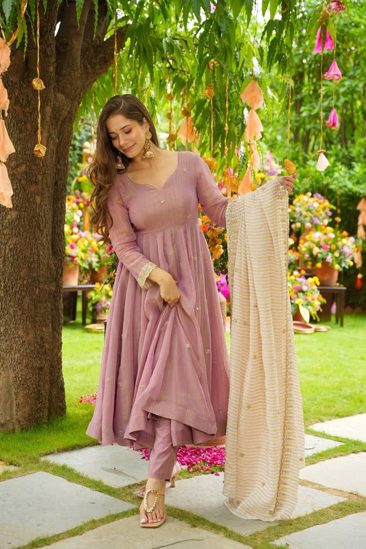 Festive Faux Georgette Gown Embroidered and Fully Stitched with Printed Dupatta & Heavy Cotton Elasticated Pants
