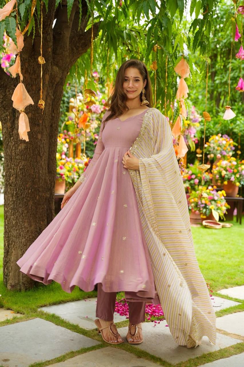 Festive Faux Georgette Gown Embroidered and Fully Stitched with Printed Dupatta & Heavy Cotton Elasticated Pants