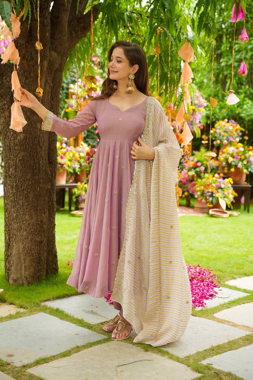 Festive Faux Georgette Gown Embroidered and Fully Stitched with Printed Dupatta & Heavy Cotton Elasticated Pants