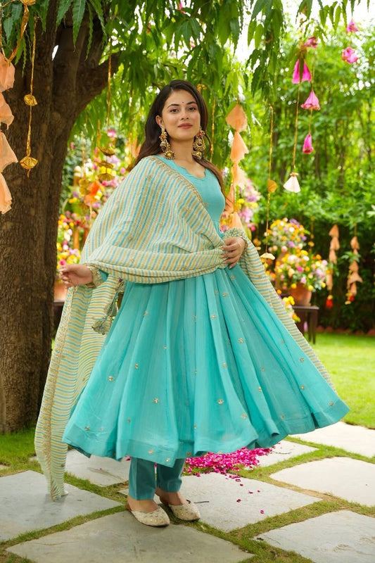 Festive Faux Georgette Gown Embroidered and Fully Stitched with Printed Dupatta & Heavy Cotton Elasticated Pants