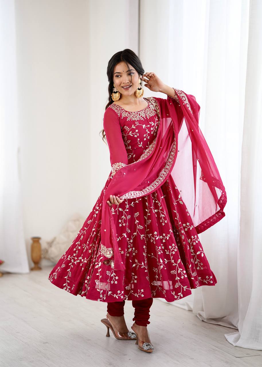 Traditional Anarkali Gown in Faux Georgette with Intricate Embroidery and Full Flair with Matching Cotton Churidar