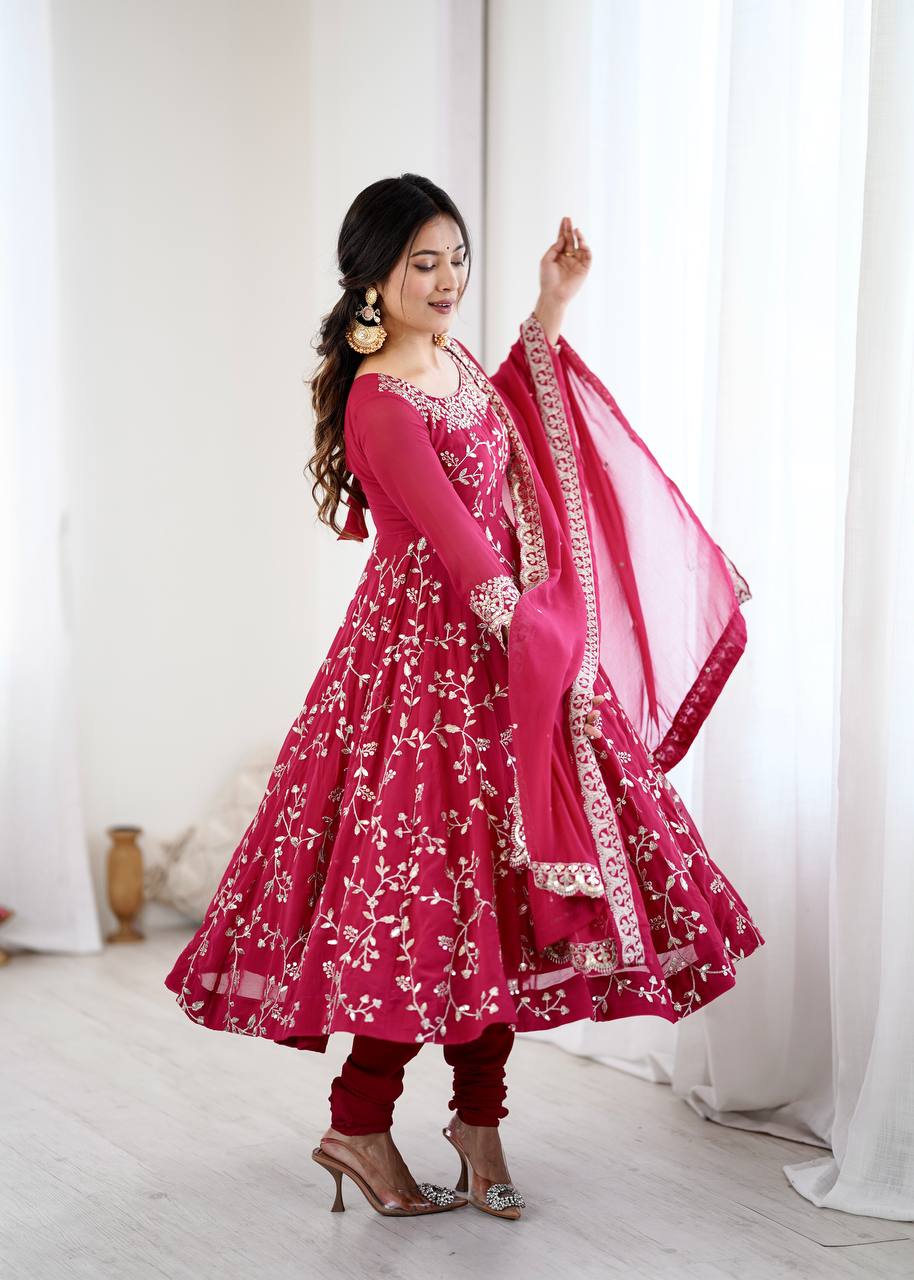 Traditional Anarkali Gown in Faux Georgette with Intricate Embroidery and Full Flair with Matching Cotton Churidar