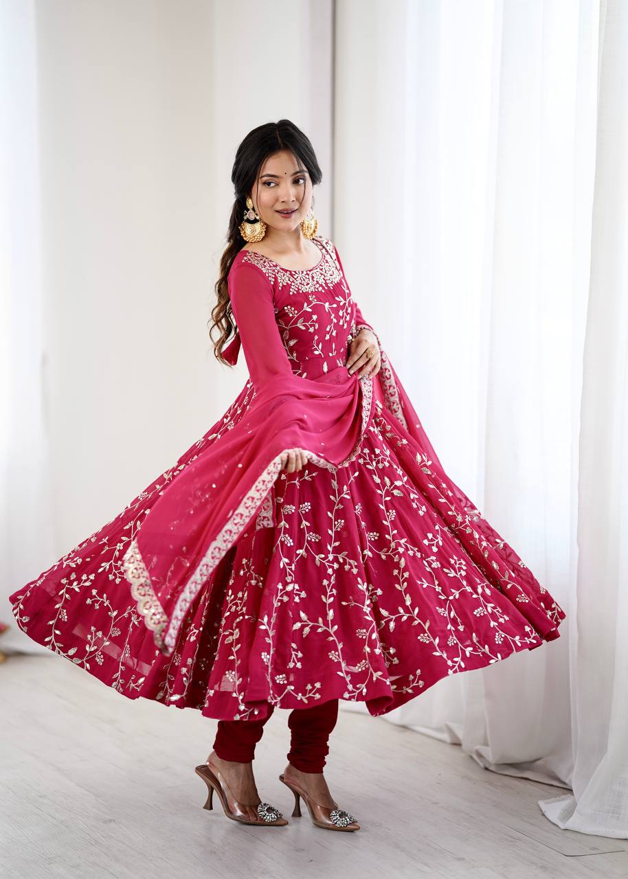 Traditional Anarkali Gown in Faux Georgette with Intricate Embroidery and Full Flair with Matching Cotton Churidar