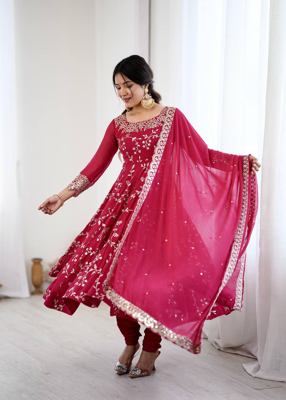 Traditional Anarkali Gown in Faux Georgette with Intricate Embroidery and Full Flair with Matching Cotton Churidar