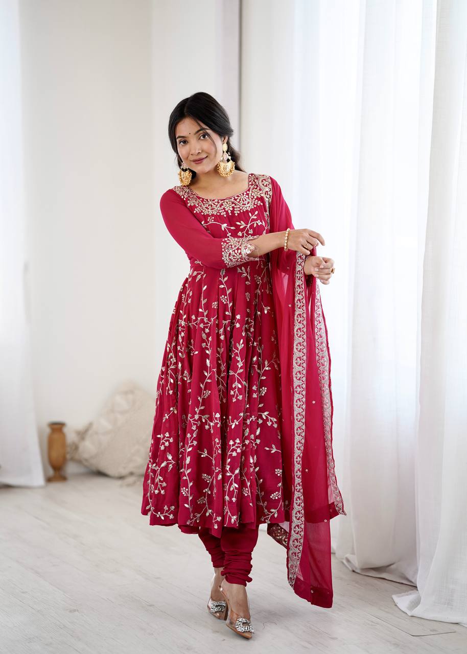 Traditional Anarkali Gown in Faux Georgette with Intricate Embroidery and Full Flair with Matching Cotton Churidar
