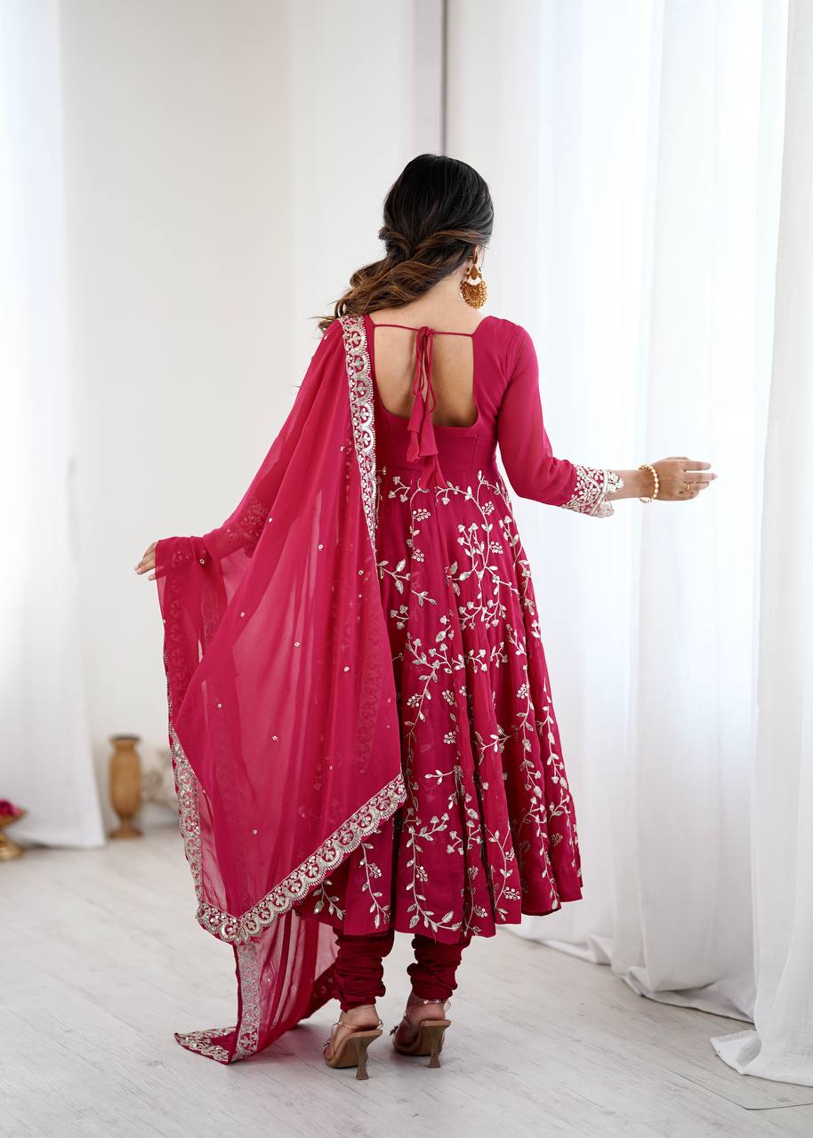Traditional Anarkali Gown in Faux Georgette with Intricate Embroidery and Full Flair with Matching Cotton Churidar
