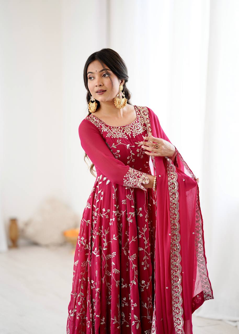 Traditional Anarkali Gown in Faux Georgette with Intricate Embroidery and Full Flair with Matching Cotton Churidar