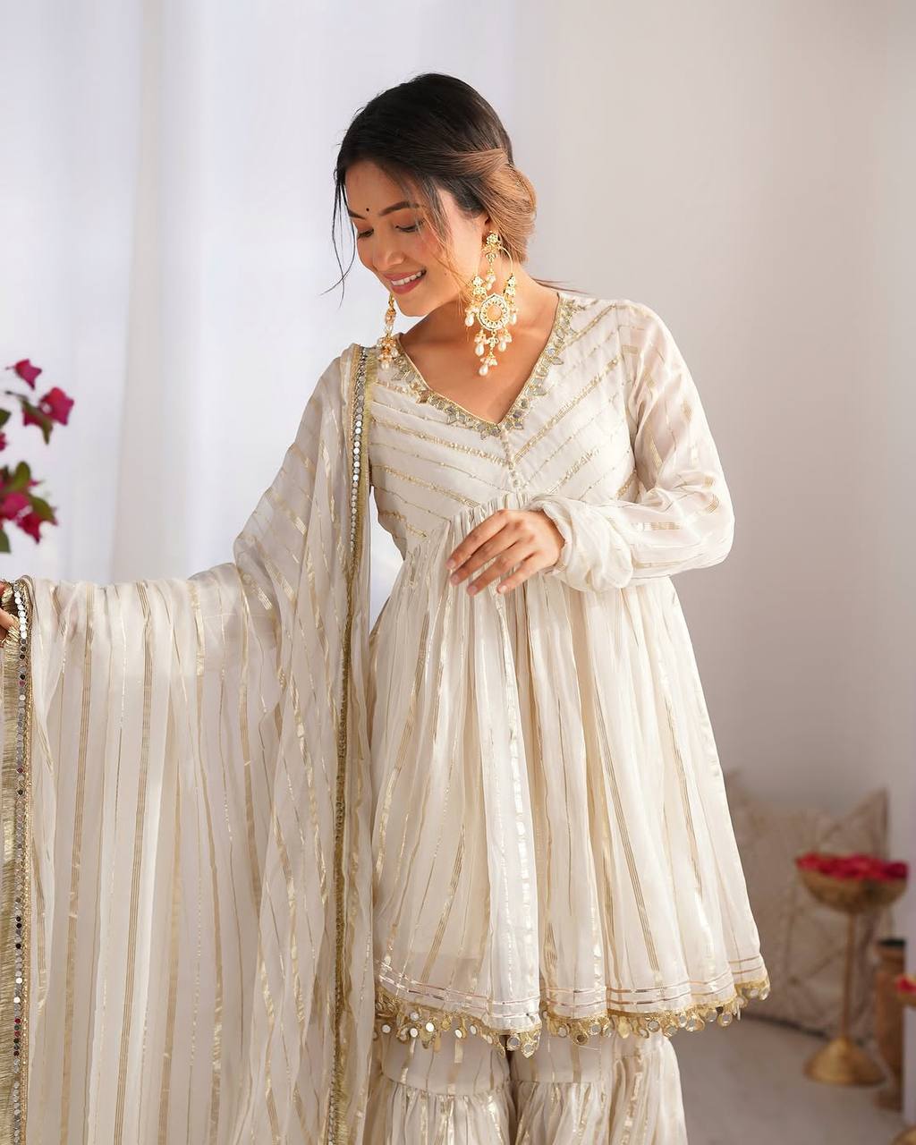 Handcrafted Top with Real Mirror Work, Full Flair Palazzo & Coordinated Dupatta