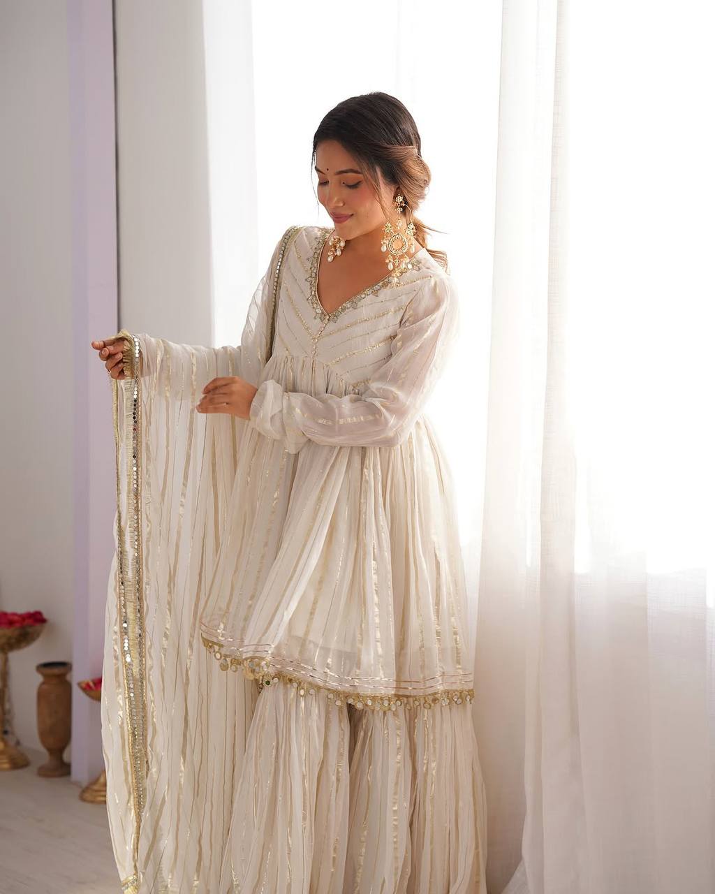 Handcrafted Top with Real Mirror Work, Full Flair Palazzo & Coordinated Dupatta