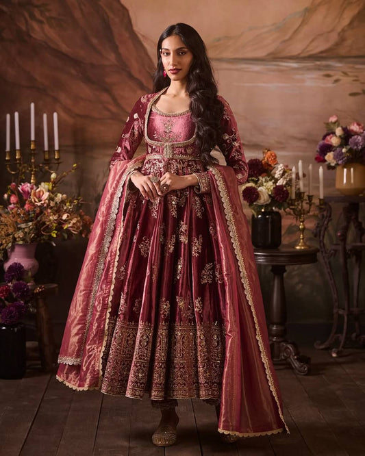 Classic Japan Satin Anarkali with Micro Cotton Lining and Flowing Net Dupatta