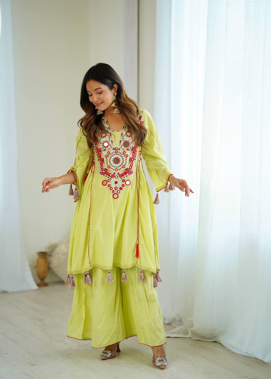 Boho-Inspired Pure Khadi Cotton Set with Sequence & Mirror Embroidery