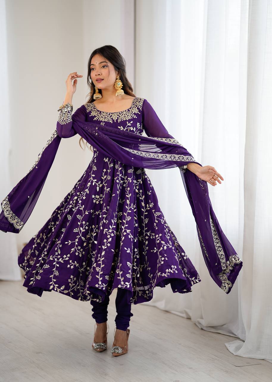 Traditional Anarkali Gown in Faux Georgette with Intricate Embroidery and Full Flair with Matching Cotton Churidar