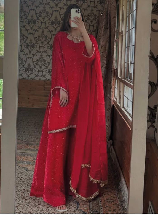Heavily Embroidered Top with Hot Fix Work, Matching Pant Palazzo, and Stylish Fancy Dupatta