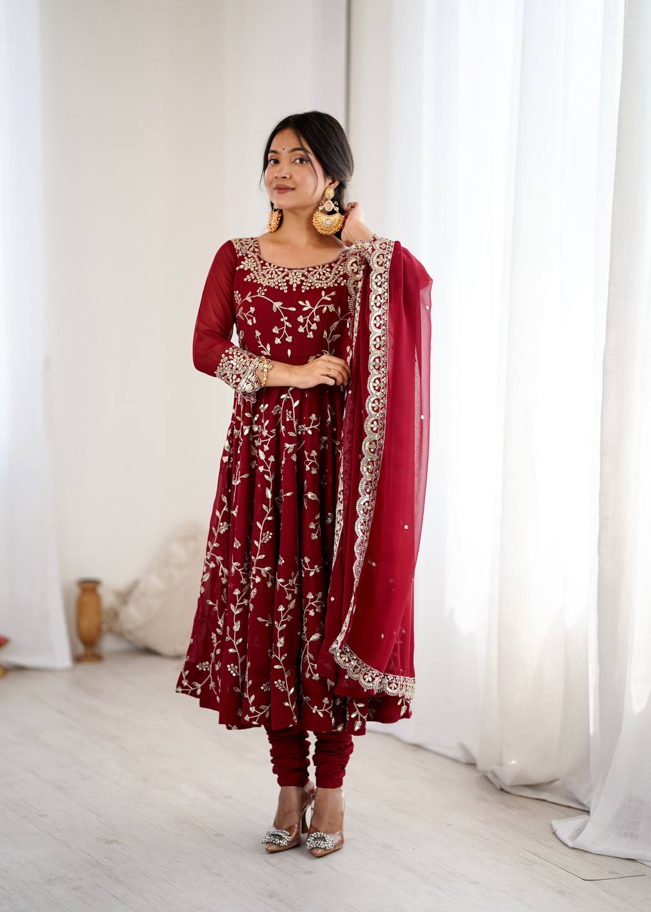 Traditional Anarkali Gown in Faux Georgette with Intricate Embroidery and Full Flair with Matching Cotton Churidar