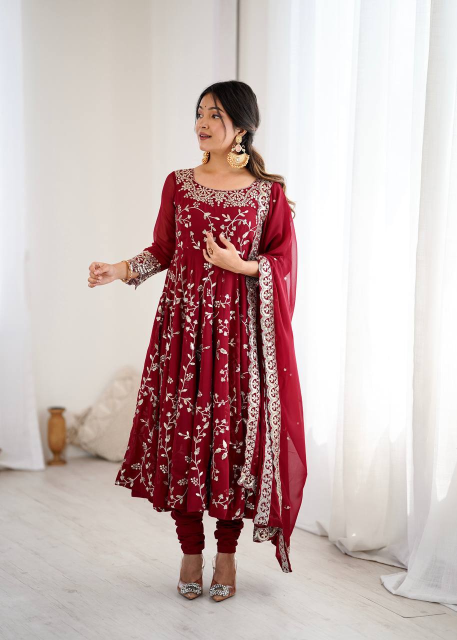 Traditional Anarkali Gown in Faux Georgette with Intricate Embroidery and Full Flair with Matching Cotton Churidar