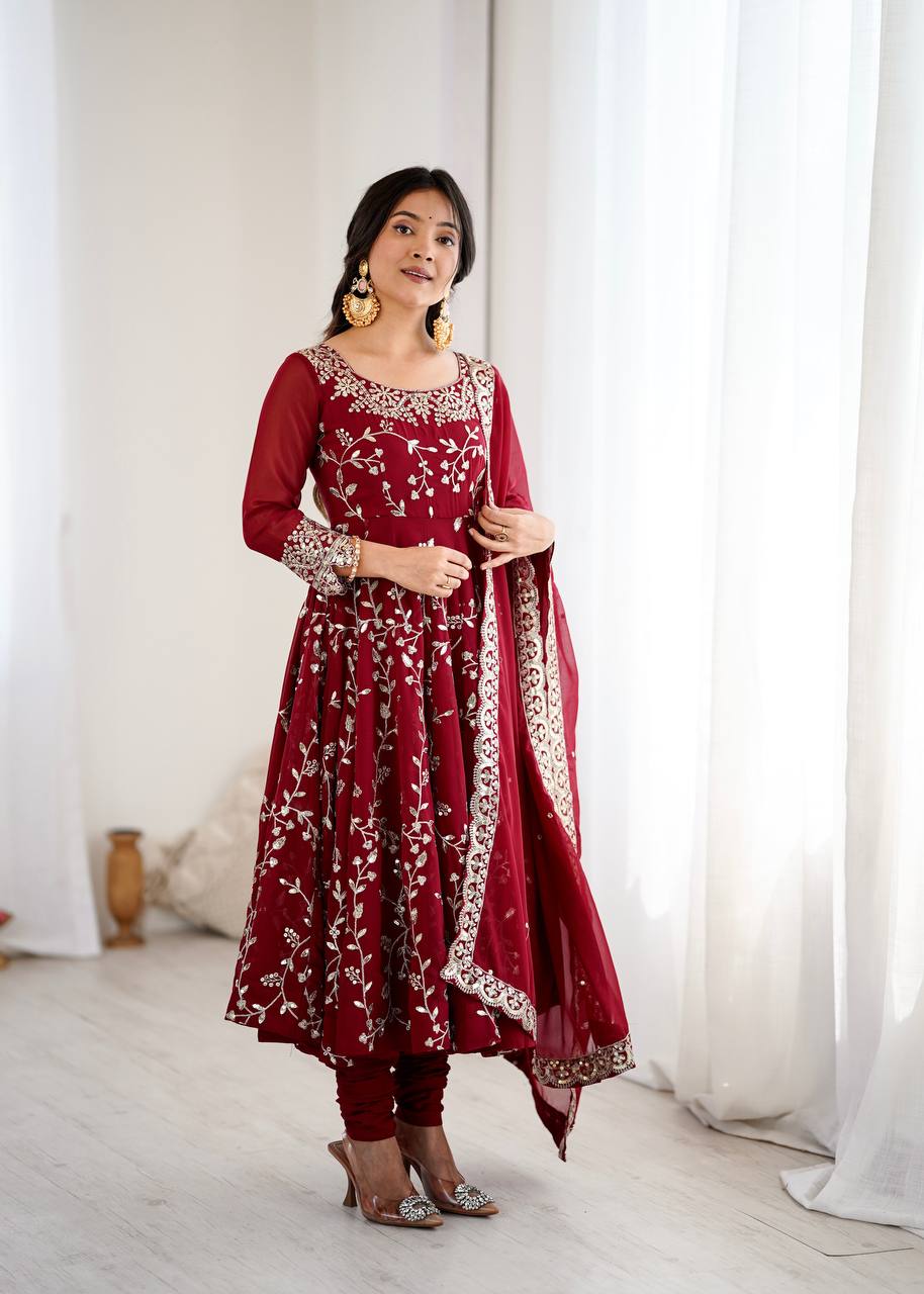 Traditional Anarkali Gown in Faux Georgette with Intricate Embroidery and Full Flair with Matching Cotton Churidar