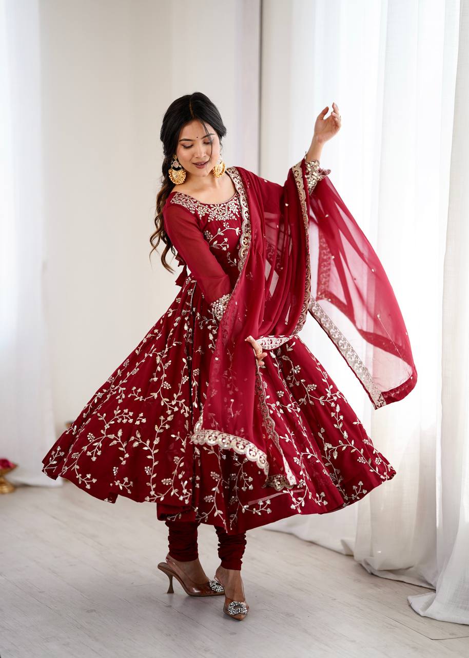 Traditional Anarkali Gown in Faux Georgette with Intricate Embroidery and Full Flair with Matching Cotton Churidar