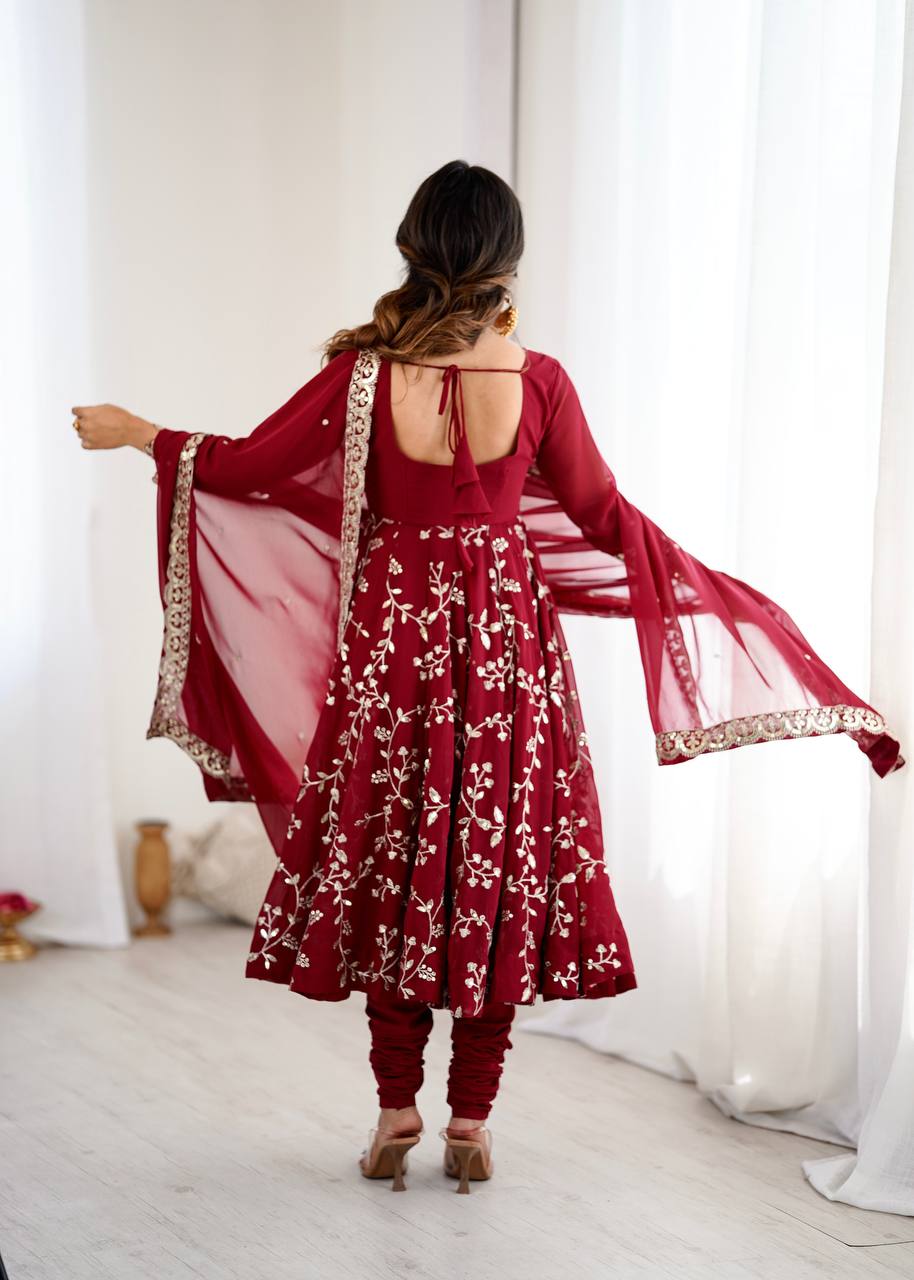 Traditional Anarkali Gown in Faux Georgette with Intricate Embroidery and Full Flair with Matching Cotton Churidar