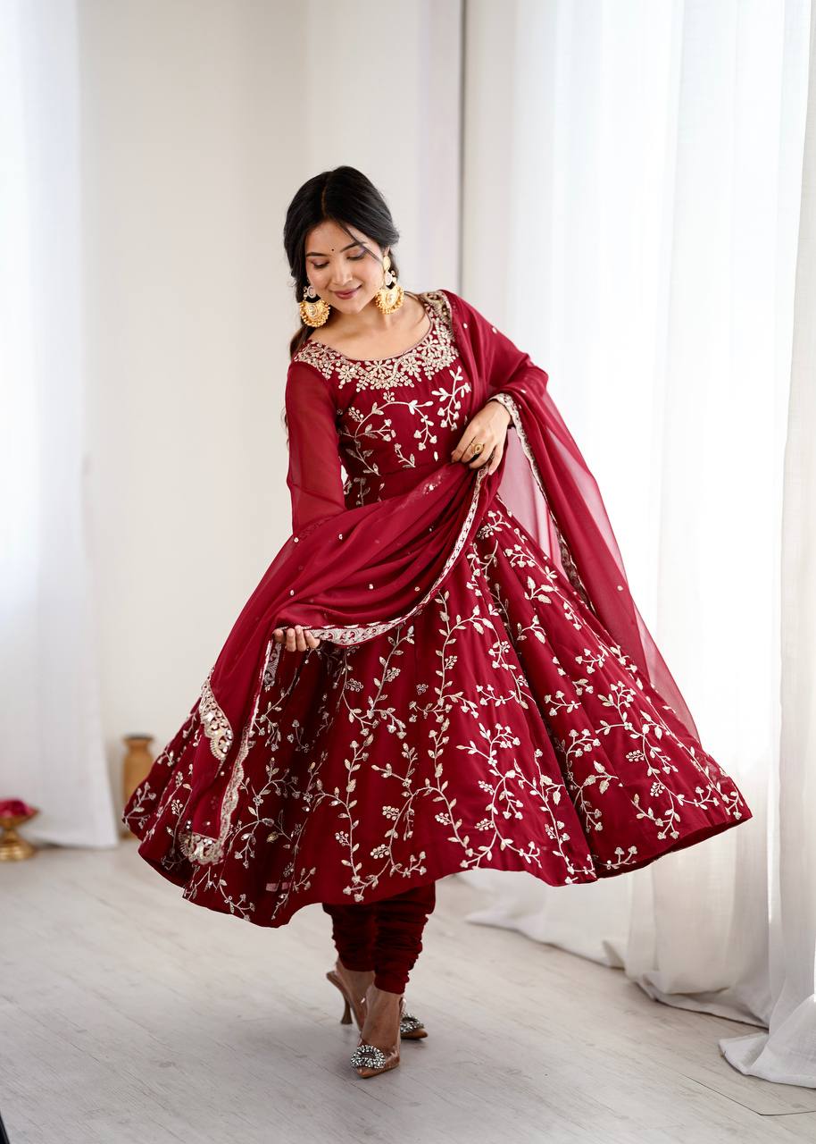 Traditional Anarkali Gown in Faux Georgette with Intricate Embroidery and Full Flair with Matching Cotton Churidar