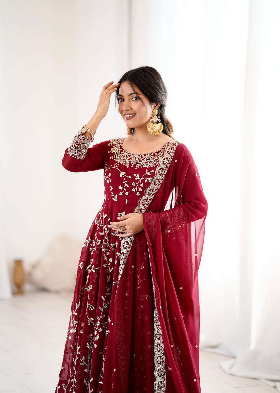 Traditional Anarkali Gown in Faux Georgette with Intricate Embroidery and Full Flair with Matching Cotton Churidar