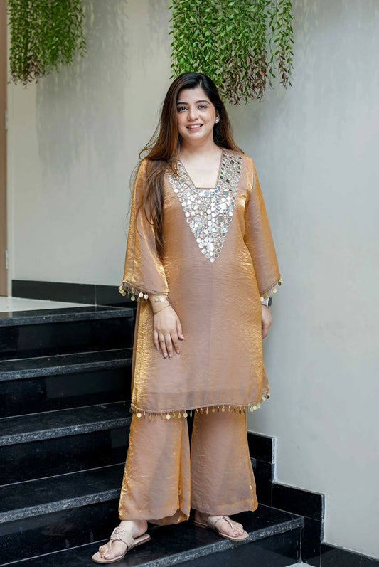 Elegant Fendy Plazzo Set Featuring Mirror Embroidery and Coin Lace Border