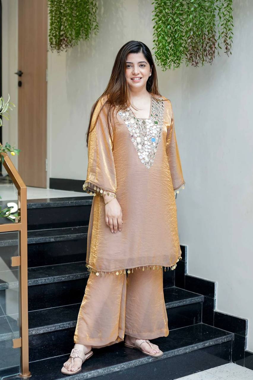 Elegant Fendy Plazzo Set Featuring Mirror Embroidery and Coin Lace Border
