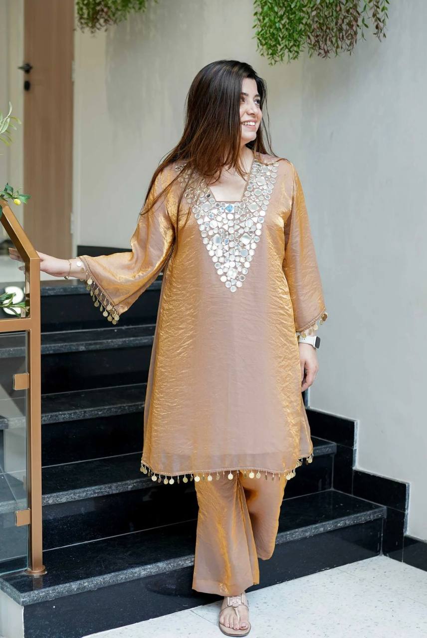 Elegant Fendy Plazzo Set Featuring Mirror Embroidery and Coin Lace Border