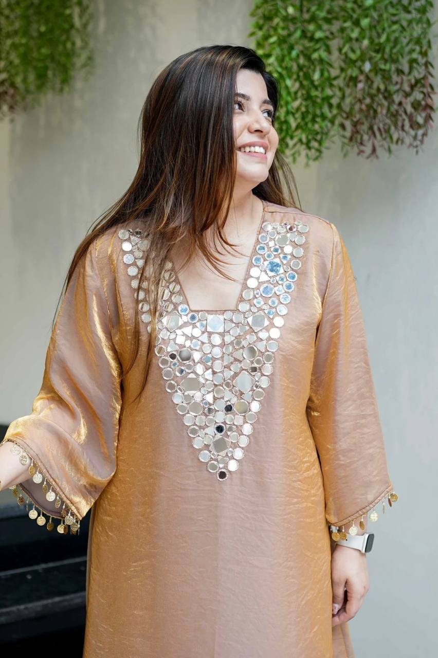 Elegant Fendy Plazzo Set Featuring Mirror Embroidery and Coin Lace Border