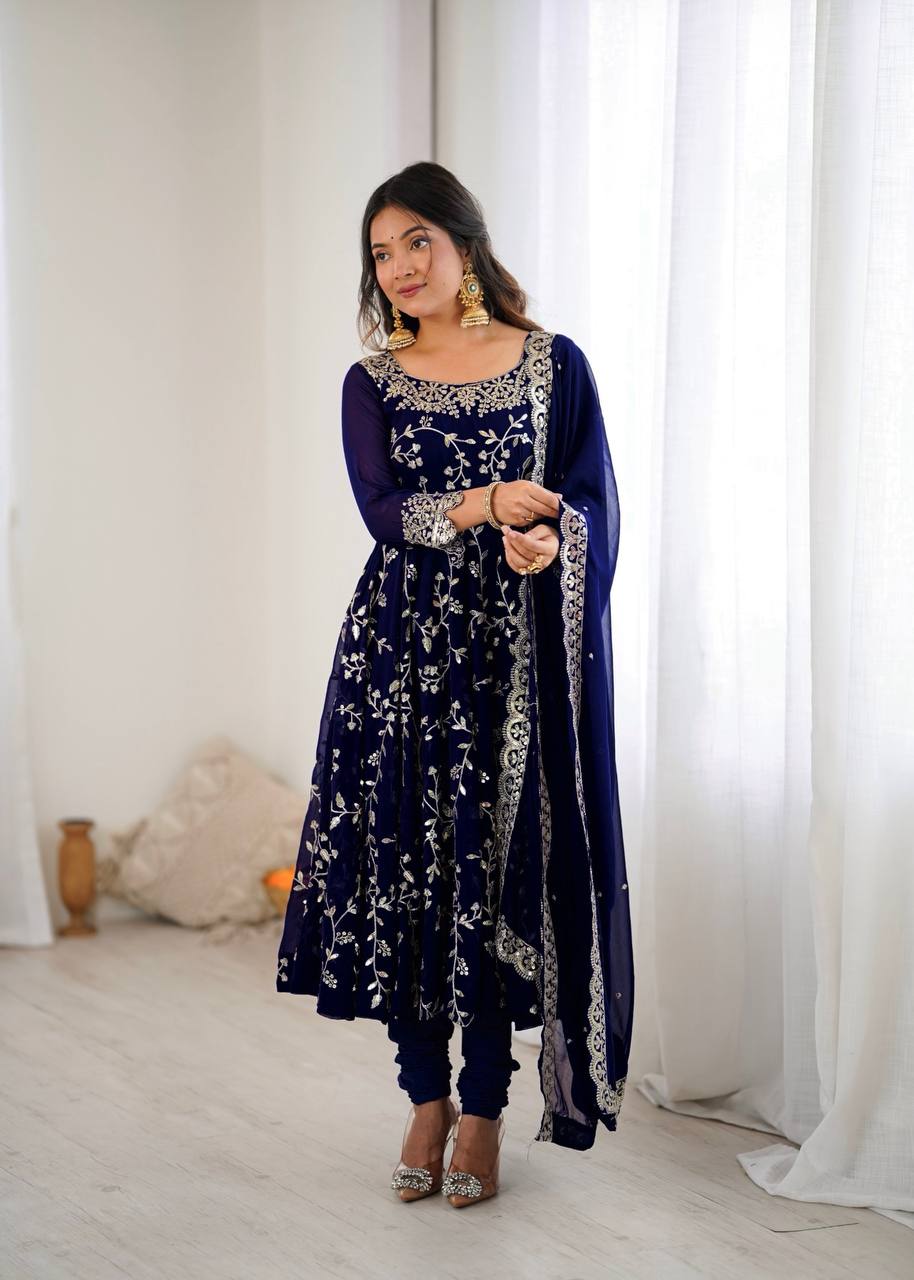 Traditional Anarkali Gown in Faux Georgette with Intricate Embroidery and Full Flair with Matching Cotton Churidar