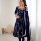 Traditional Anarkali Gown in Faux Georgette with Intricate Embroidery and Full Flair with Matching Cotton Churidar