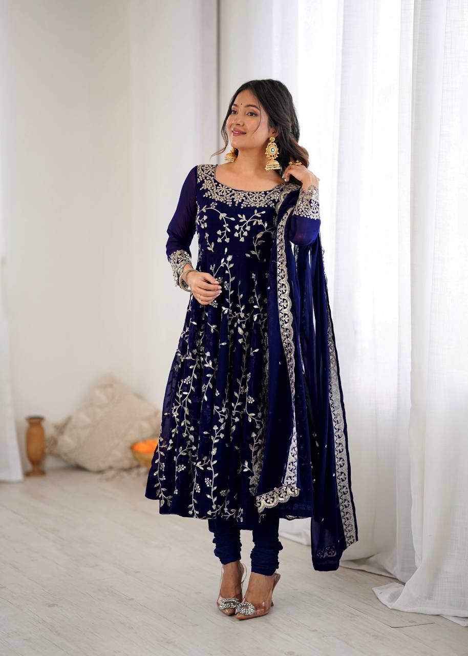 Traditional Anarkali Gown in Faux Georgette with Intricate Embroidery and Full Flair with Matching Cotton Churidar