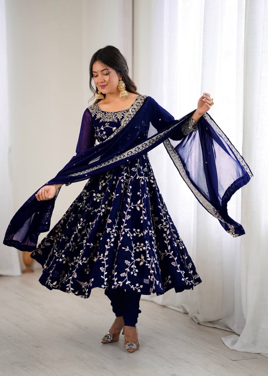 Traditional Anarkali Gown in Faux Georgette with Intricate Embroidery and Full Flair with Matching Cotton Churidar