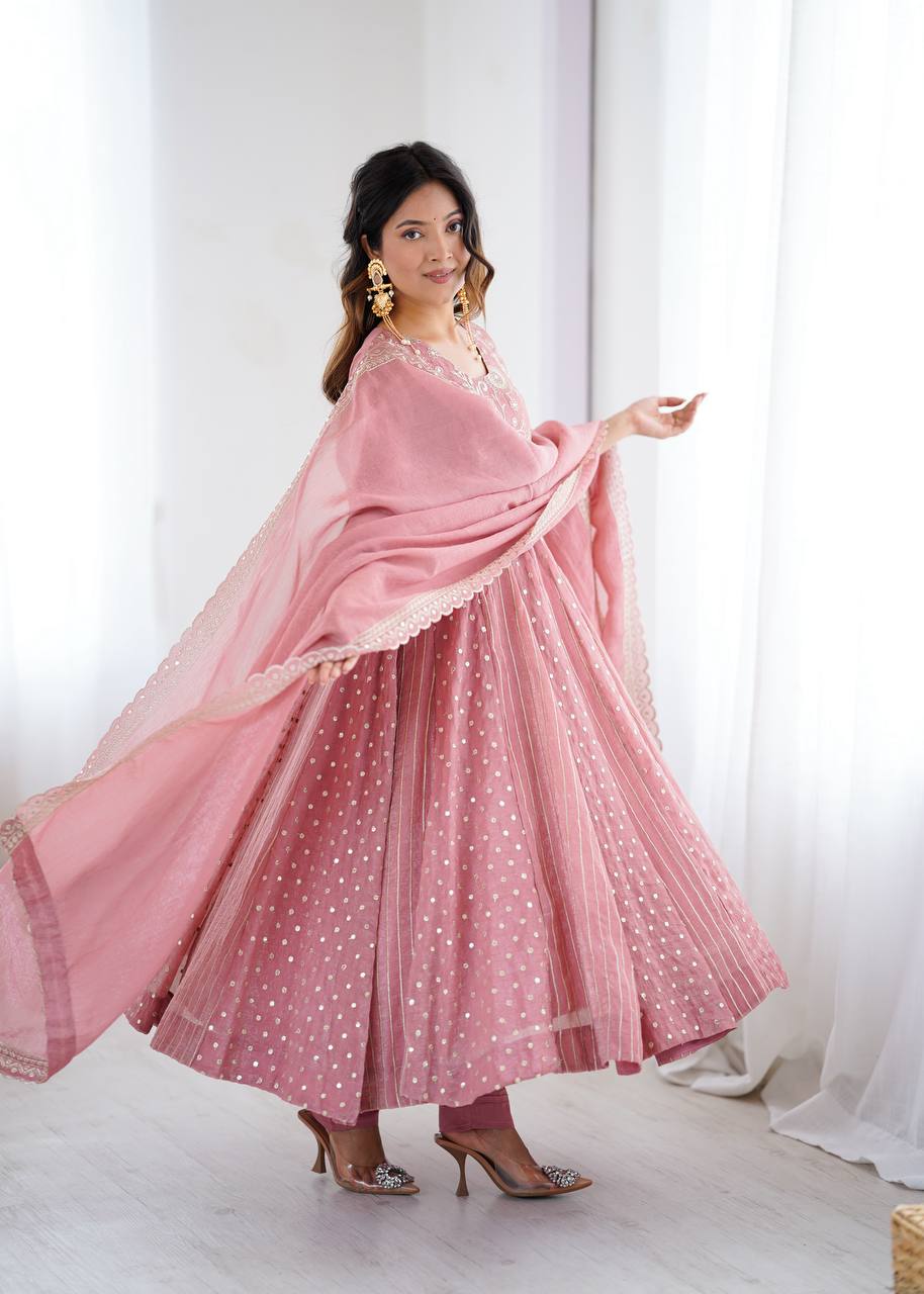 Anarkali Gown in Crunchy Silk with Sequin Embroidery, Paired with Micro Cotton Pants and Lace Dupatta