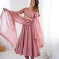 Anarkali Gown in Crunchy Silk with Sequin Embroidery, Paired with Micro Cotton Pants and Lace Dupatta