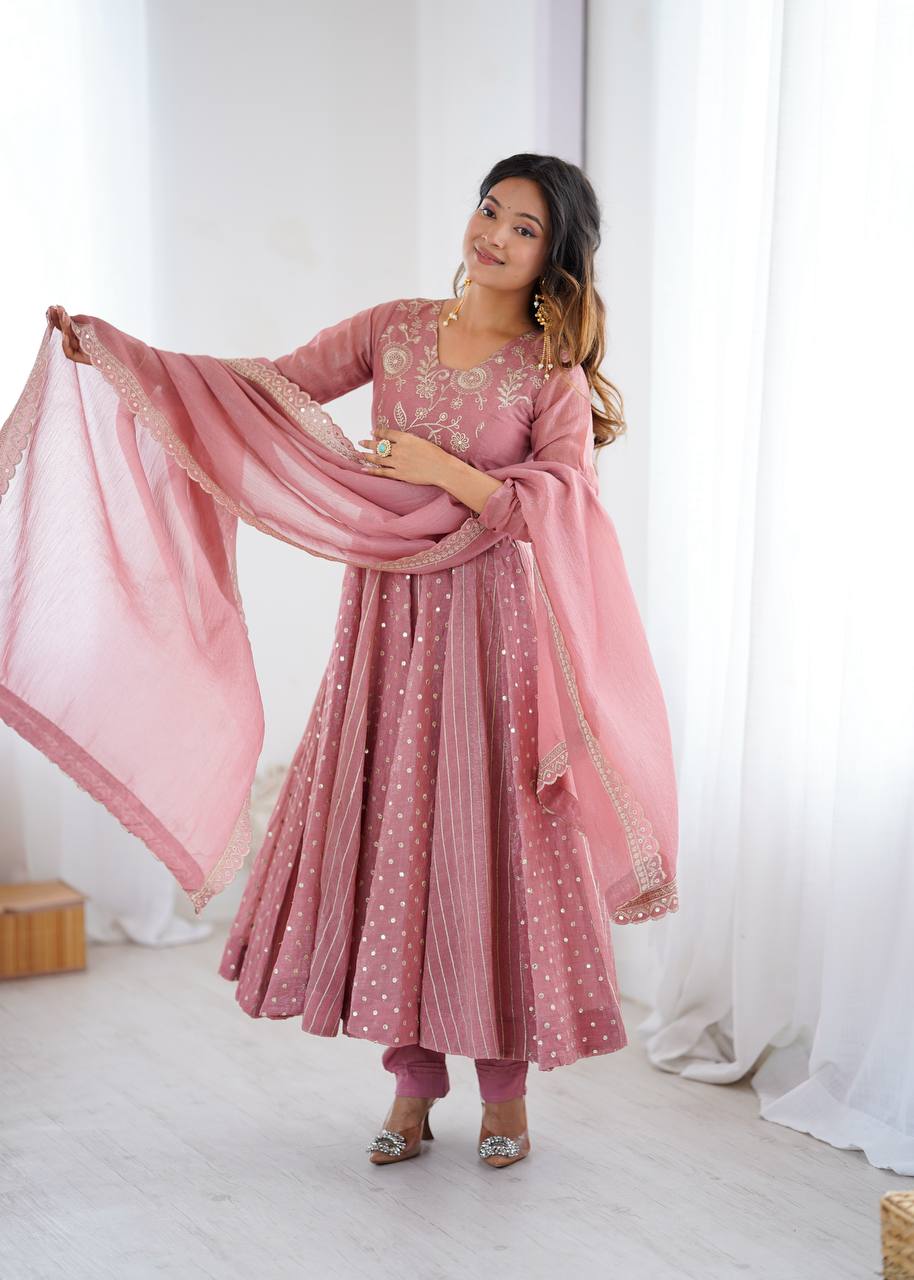 Anarkali Gown in Crunchy Silk with Sequin Embroidery, Paired with Micro Cotton Pants and Lace Dupatta