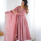 Anarkali Gown in Crunchy Silk with Sequin Embroidery, Paired with Micro Cotton Pants and Lace Dupatta