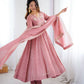 Anarkali Gown in Crunchy Silk with Sequin Embroidery, Paired with Micro Cotton Pants and Lace Dupatta