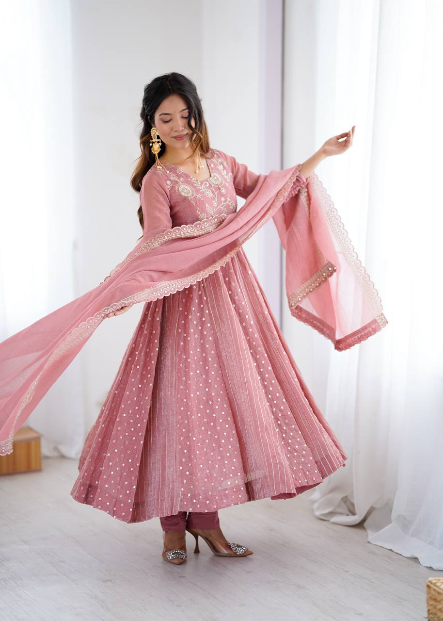 Anarkali Gown in Crunchy Silk with Sequin Embroidery, Paired with Micro Cotton Pants and Lace Dupatta