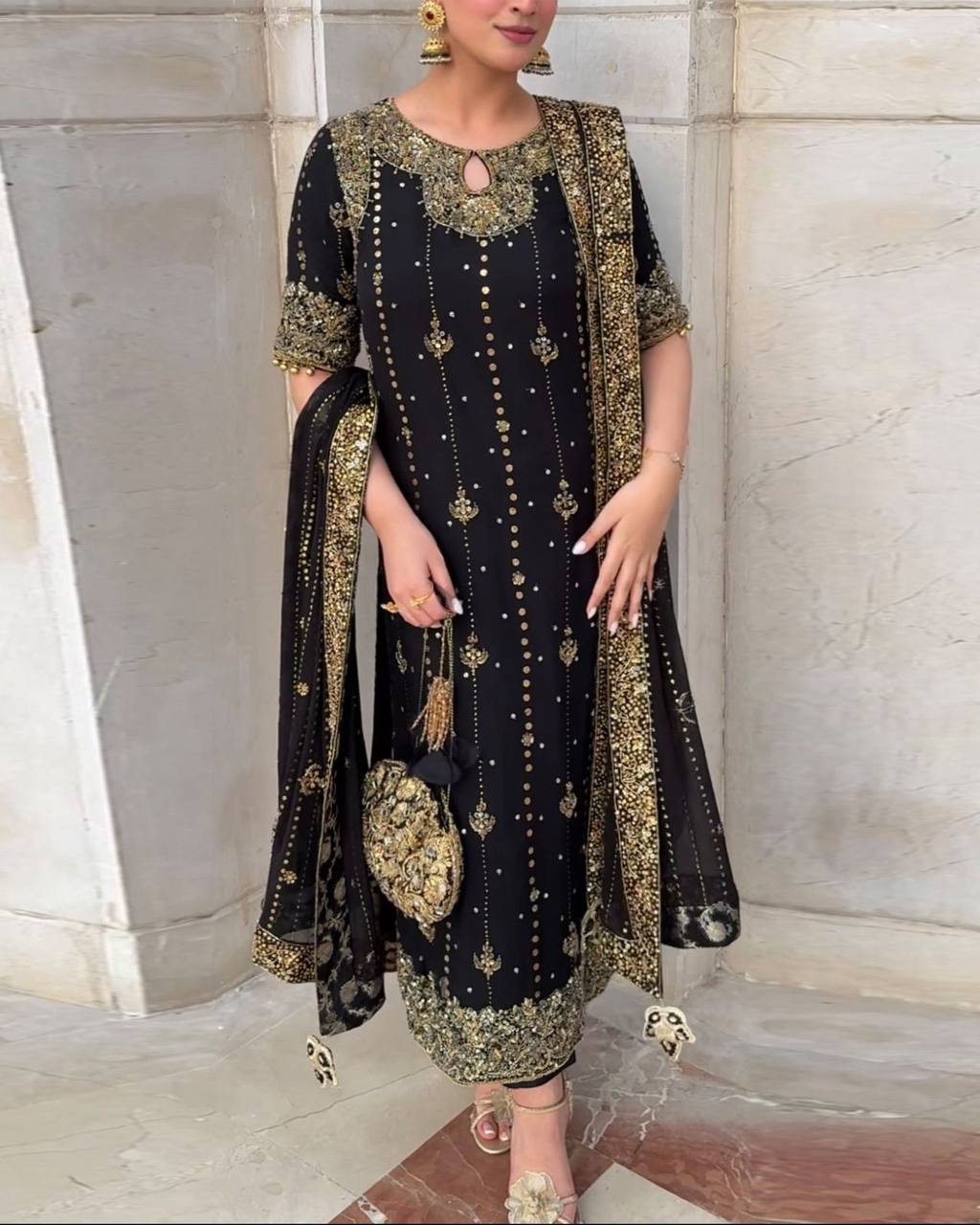 Premium Faux Georgette 3 Piece Set with Embroidered Thread and Sequence Details