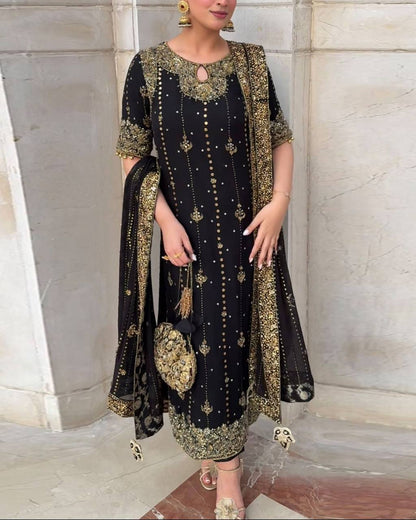 Premium Faux Georgette 3 Piece Set with Embroidered Thread and Sequence Details