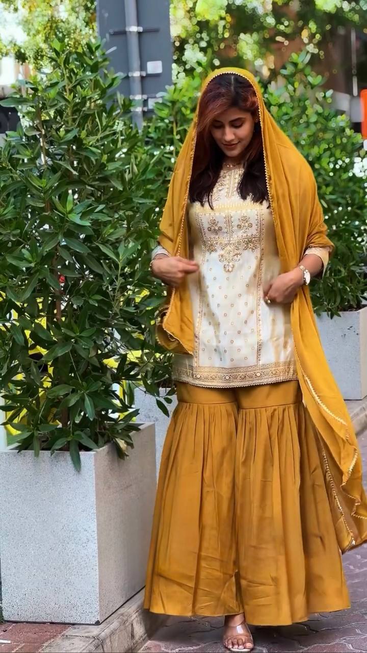 Natural Crepe Co-Ord Set Featuring a Flattering Top, Wide-Leg Sharara, and Coordinated Dupatta