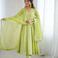 Anarkali Gown in Crunchy Silk with Sequin Embroidery, Paired with Micro Cotton Pants and Lace Dupatta