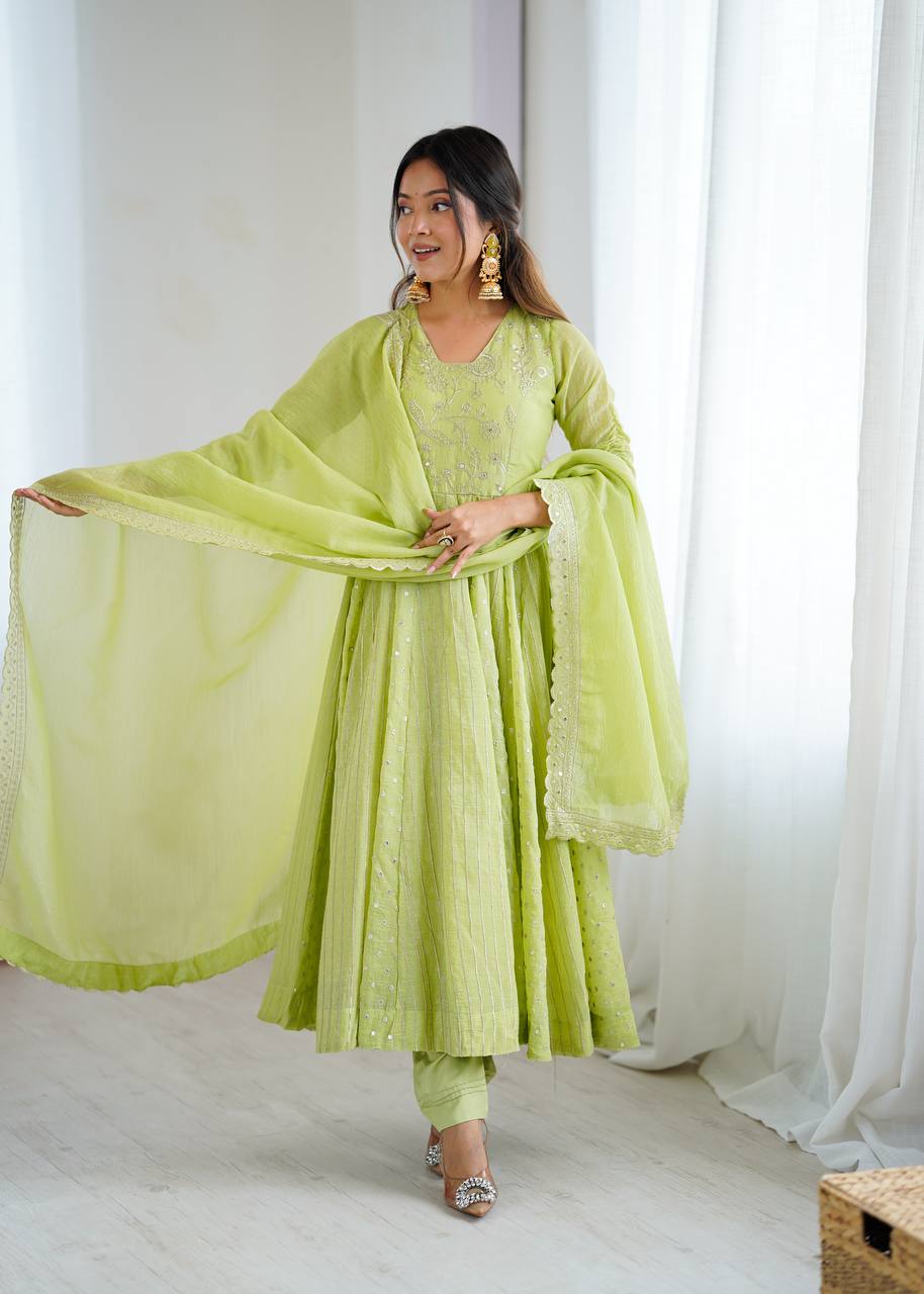 Anarkali Gown in Crunchy Silk with Sequin Embroidery, Paired with Micro Cotton Pants and Lace Dupatta