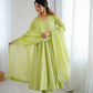 Anarkali Gown in Crunchy Silk with Sequin Embroidery, Paired with Micro Cotton Pants and Lace Dupatta