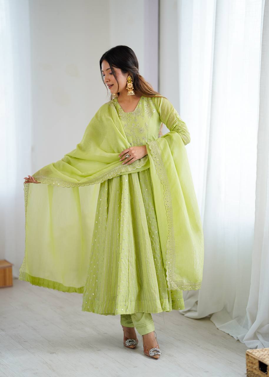 Anarkali Gown in Crunchy Silk with Sequin Embroidery, Paired with Micro Cotton Pants and Lace Dupatta