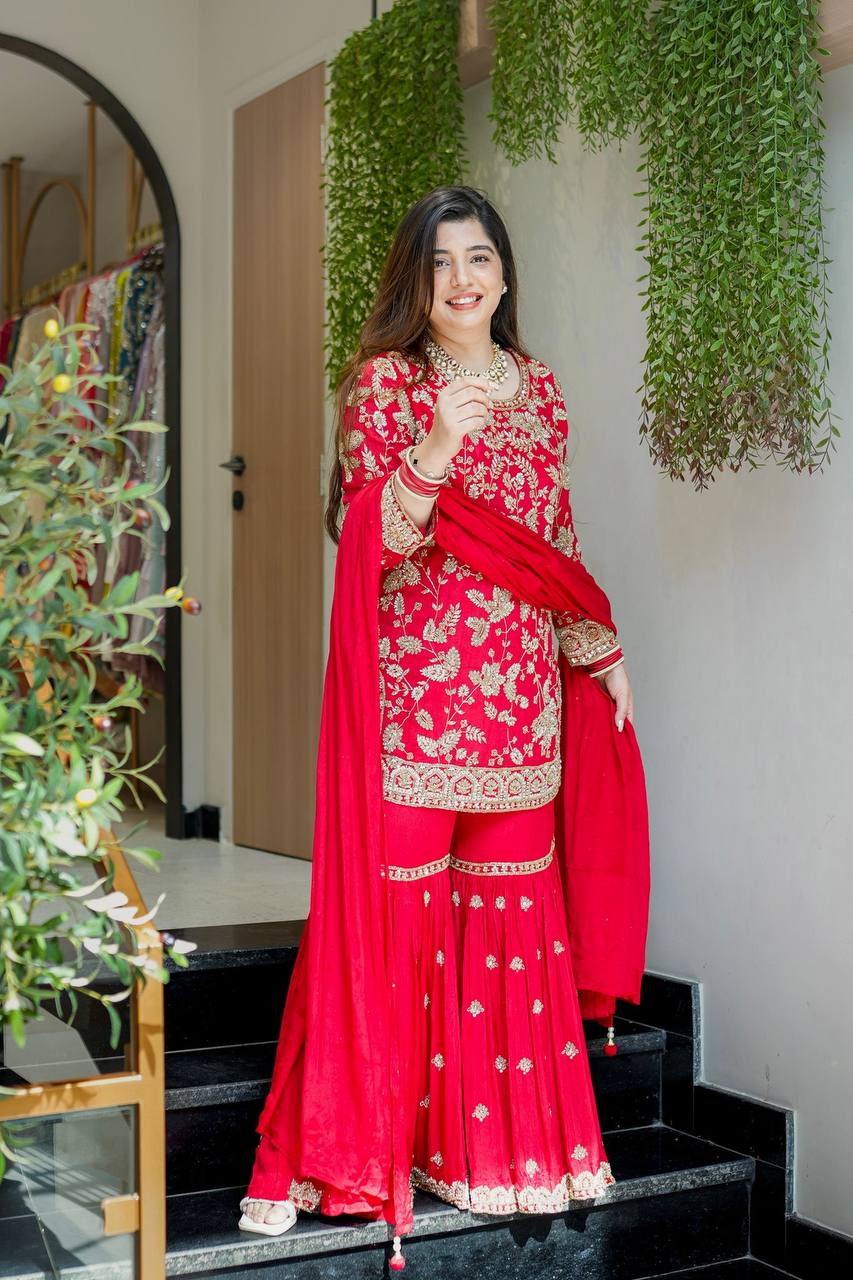 Premium Faux Georgette Top Plazzo Suit with Heavy Sequence and Beads Work