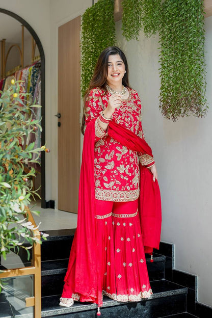 Premium Faux Georgette Top Plazzo Suit with Heavy Sequence and Beads Work